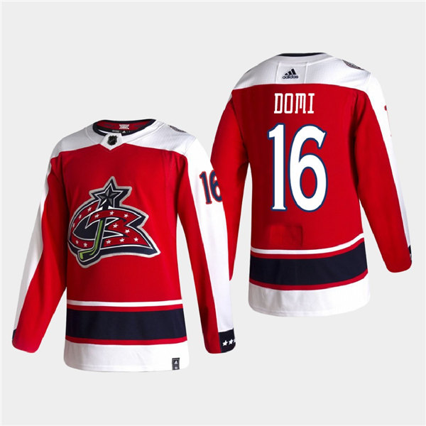 Mens Columbus Blue Jackets #16 Max Domi Adidas Red 2021 NHL Season Reverse Retro Jersey