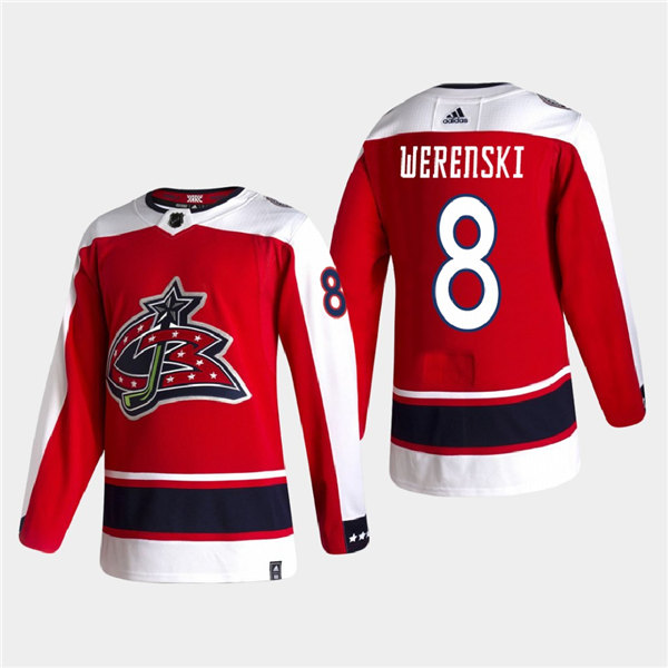 Mens Columbus Blue Jackets #8 Zach Werenski Adidas Red 2021 NHL Season Reverse Retro Jersey