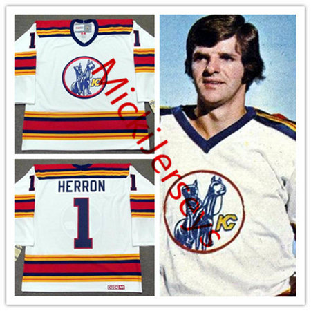 Men's Kansas City Scouts #1 DENIS HERRON White 1975 CCM Vintage Throwback Home NHL Jersey