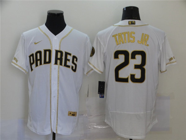 Men's San Diego Padres #23 Fernando Tatis Jr. Nike White Stitched MLB Flex Base Golden Edition Jersey