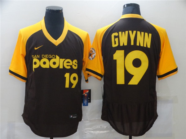 Men's San Diego Padres Retired Roster #19 Tony Gwynn Brown Gold Pullover Nike Cooperstown Collection Jersey