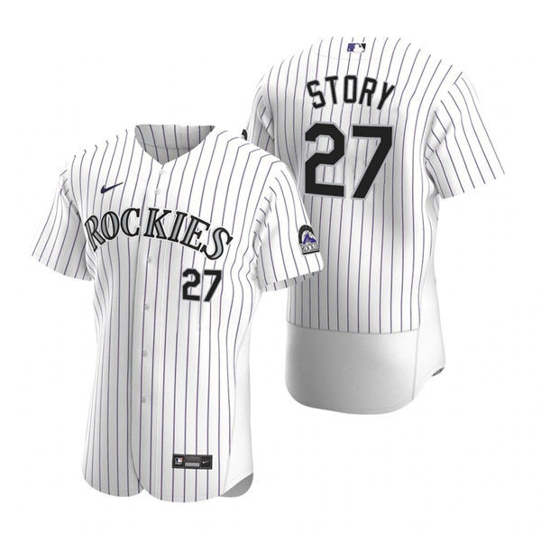 Men's Colorado Rockies #27 Trevor Story Nike White Pinstripe Home Flex Base Jersey