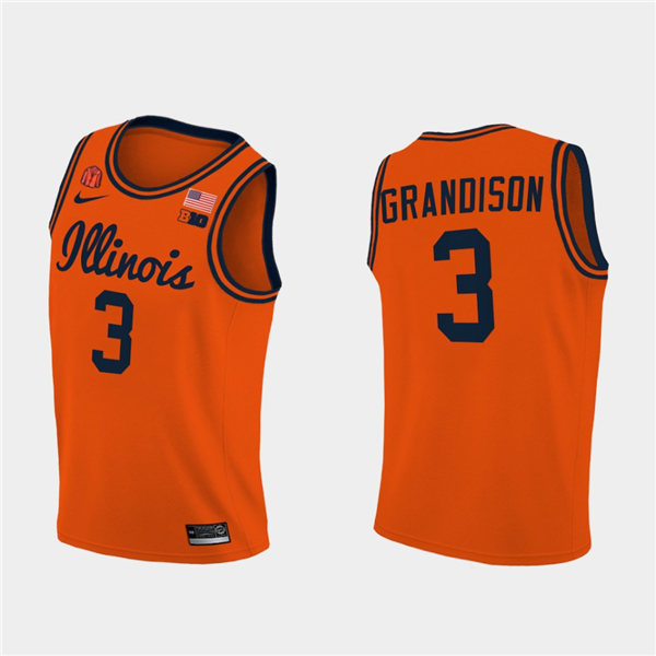 Men's Illinois Fighting Illini #3 Jacob Grandison 2020-21 Orange Navy Nike NCAA College Basketball Jersey