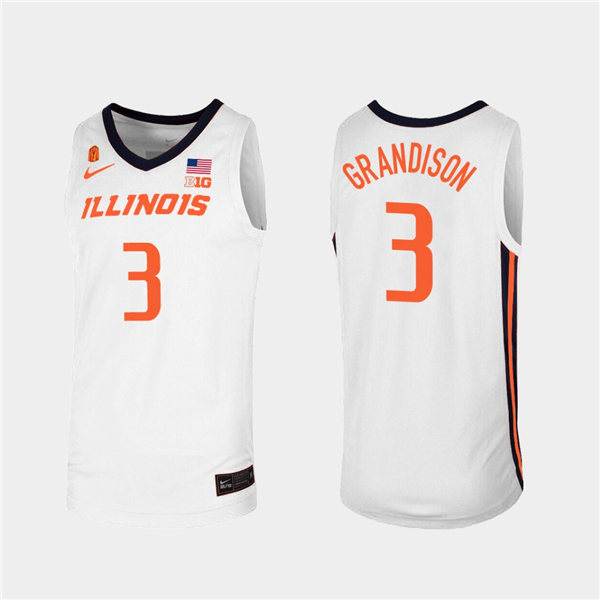 Men's Illinois Fighting Illini #3 Jacob Grandison White Orange Nike NCAA College Basketball Jersey
