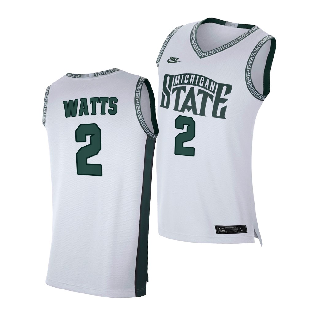Men's Michigan State Spartans #2 Rocket Watts White Retro Limited College Baketball Jersey