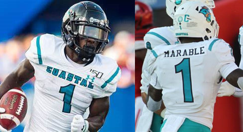 Men's Coastal Carolina Chanticleers #1 C. J. Marable White Under Armour Football Jersey