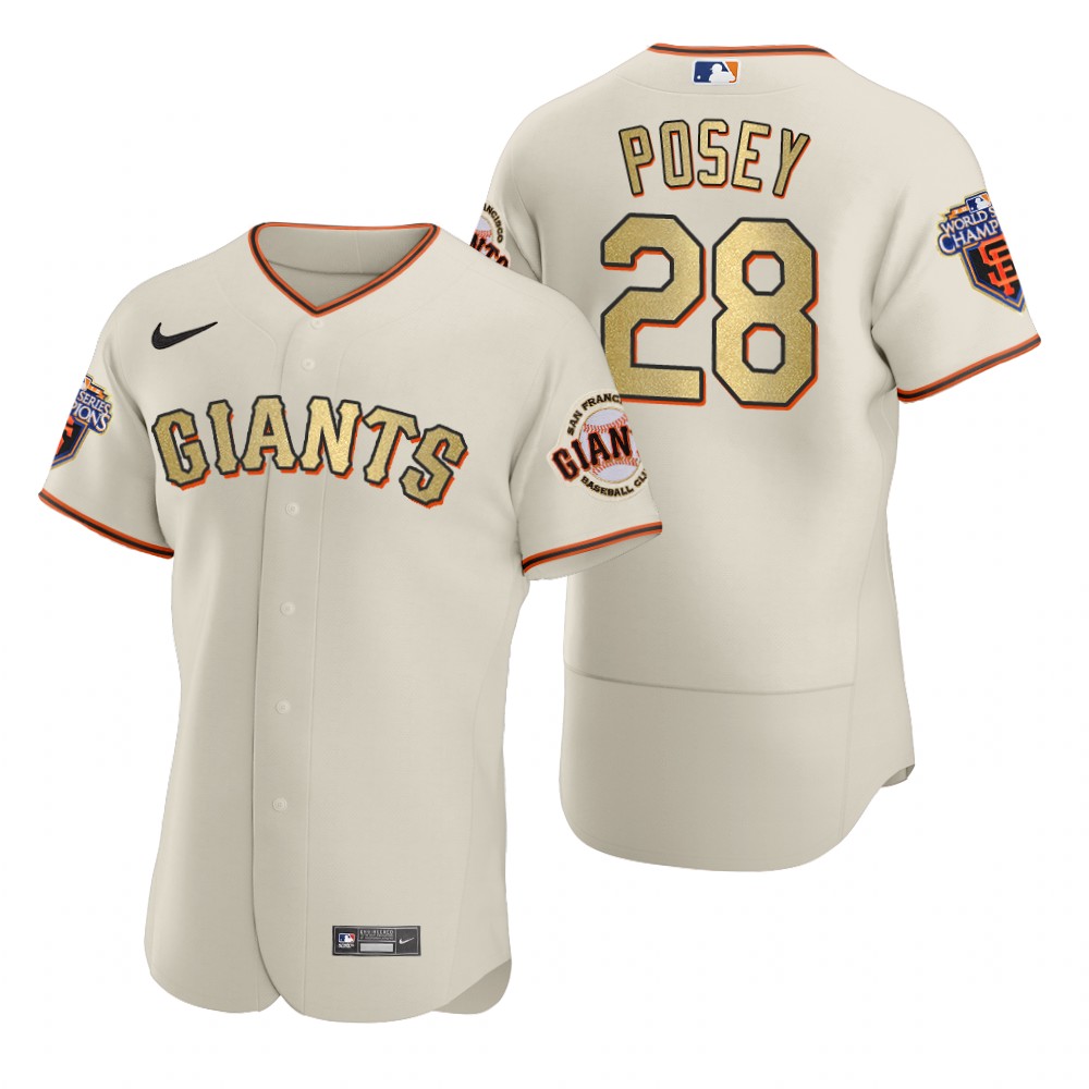 Men's San Francisco Giants #28 Buster Posey Nike Cream Gold 2010 World Series Champions Jersey