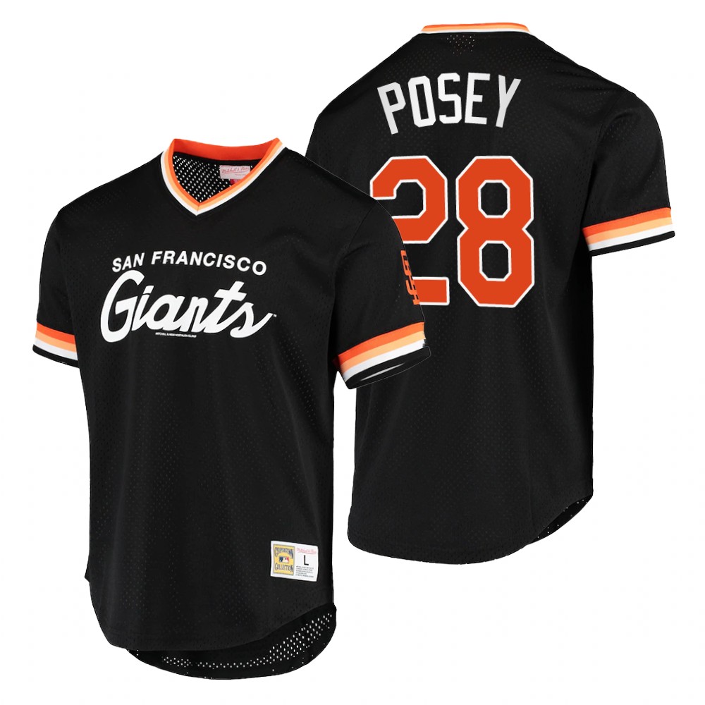 Men's San Francisco Giants #28 Buster Posey Mitchell & Ness Black Mesh Cooperstown Collection Jersey