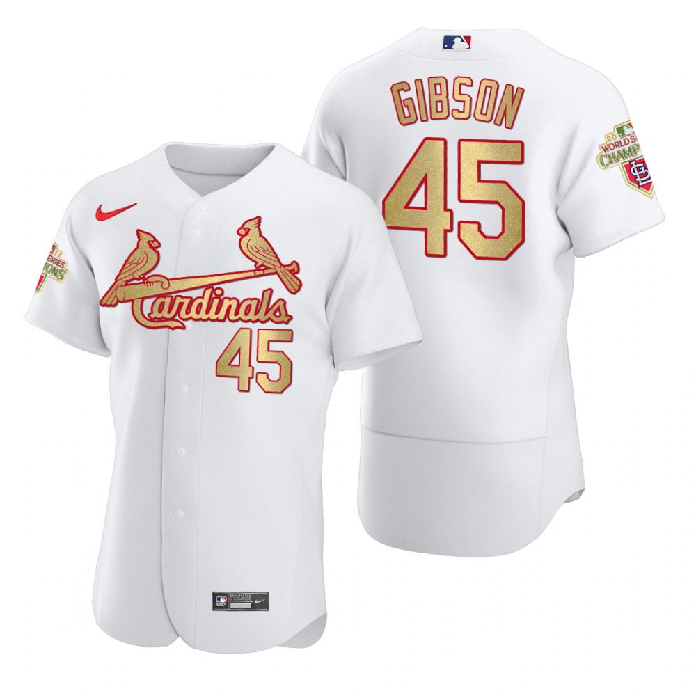 Men's St. Louis Cardinals #45 Bob Gibson Nike White Gold 2011 World Series Champions Jersey