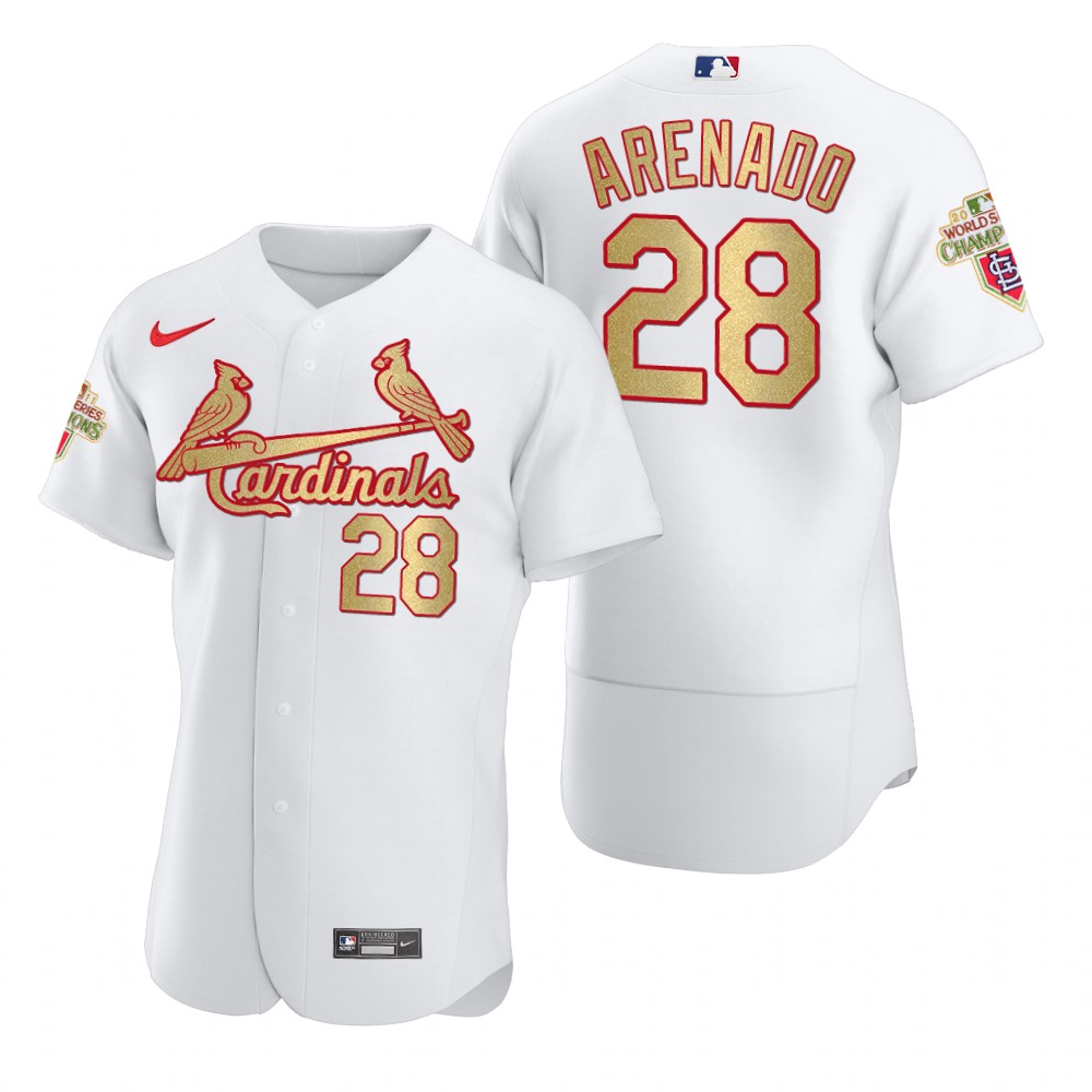 Men's St. Louis Cardinals #28 Nolan Arenado Nike White Gold 2011 World Series Champions Jersey