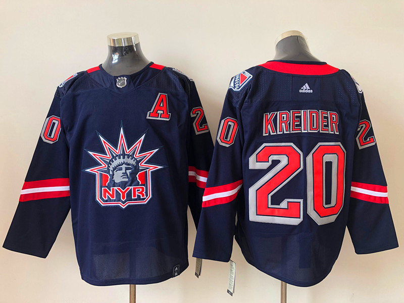 Mens New York Rangers #20 Chris Kreider Navy adidas 2020-21 NHL REVERSE RETRO JERSEYS