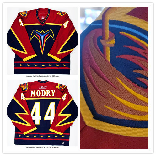 Mens Atlanta Thrashers #44 Jaroslav Modry 2005-06 Red Blue Game Worn CCM Vintage Jersey 