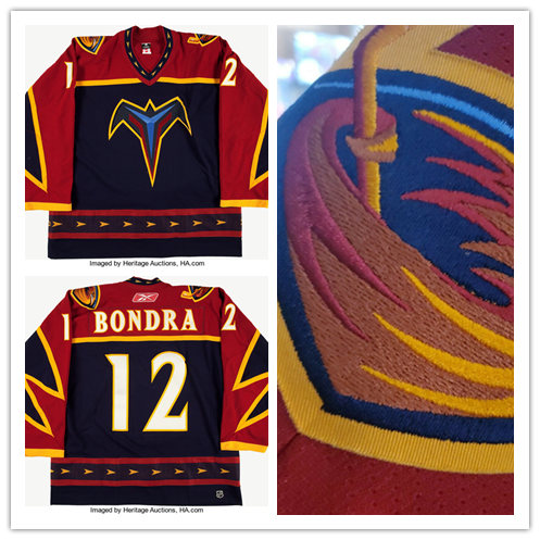 Men’s Atlanta Thrashers #12 Peter Bondra 2005-06 Red Blue Game Worn CCM Vintage Jersey 