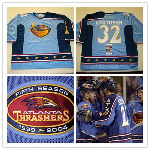 Mens Atlanta Thrashers #32 Kari Lehtonen Blue Game Worn CCM Vintage Jersey 