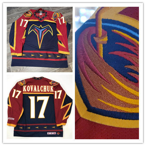 Mens Atlanta Thrashers #17 Ilya Kovalchuk 2001 Red Blue Game Worn CCM Vintage Jersey