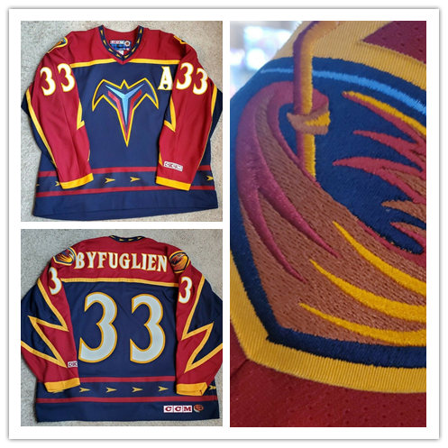 Mens Atlanta Thrashers #33 Dustin Byfuglien 2008-09 Red Blue Game Worn CCM Vintage Jersey 