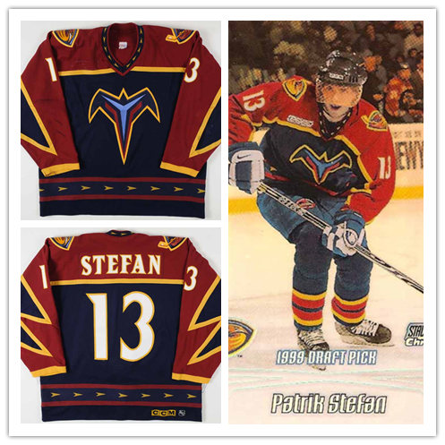  Men’s Atlanta Thrashers #13 Patrick Stefan 1999-00 Red Blue Game Worn CCM Vintage Jersey 