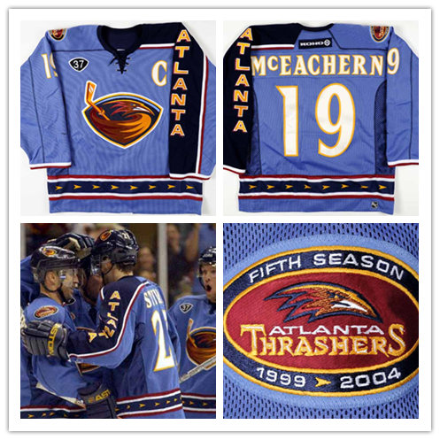 Mens Atlanta Thrashers #19 Shawn McEachern 2003-04 Blue Game Worn CCM Vintage Jersey 