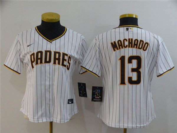 Women's San Diego Padres #13 Manny Machado Nike White Pinstripe Jersey