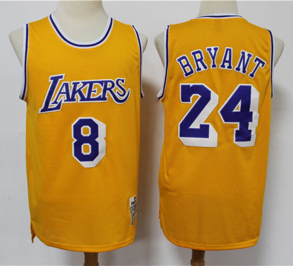 Men's Los Angeles Lakers #8 Font #24 Back Kobe Bryant Gold Mitchell Ness Hardwood Classics Throwback Jersey