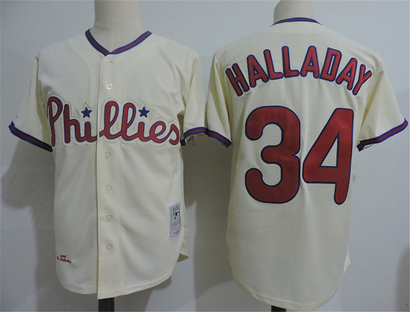 Men's Philadelphia Phillies Retired Player #34 Roy Halladay Cream Cooperstown Throwback Baseball Jersey