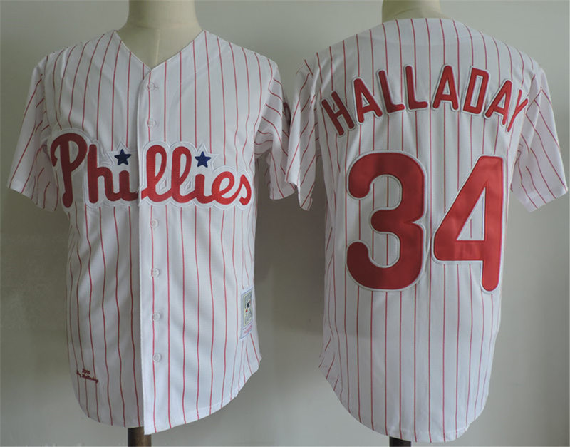 Men's Philadelphia Phillies Retired Player #34 Roy Halladay White Cooperstown Throwback Baseball Jersey