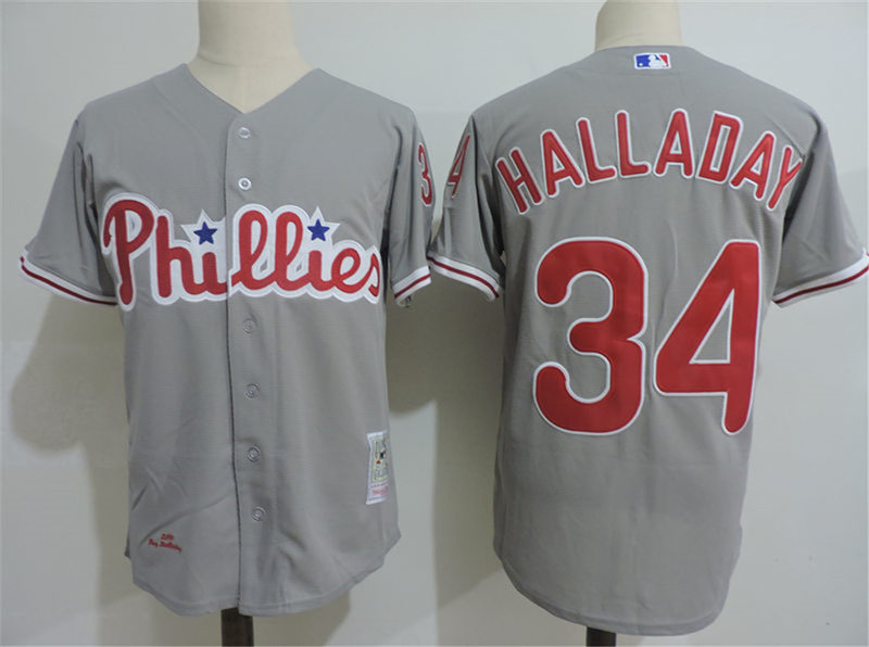 Men's Philadelphia Phillies Retired Player #34 Roy Halladay Grey Cooperstown Throwback Baseball Jersey