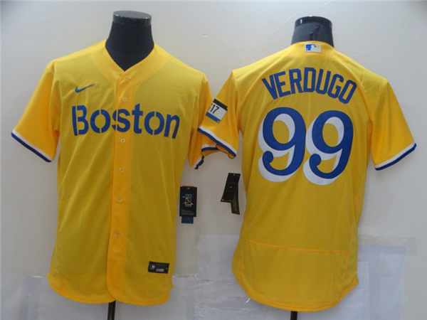 Men's Boston Red Sox #99 Alex Verdugo Yellow With Name 2021 Nike MLB City Connect Jersey