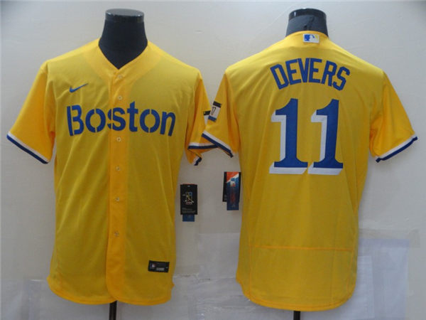 Men's Boston Red Sox #11 Rafael Devers Yellow With Name 2021 Nike MLB City Connect Jersey