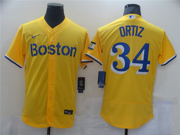 Men's Boston Red Sox Retired Player #34 David Ortiz Yellow With Name 2021 Nike MLB City Connect Jersey