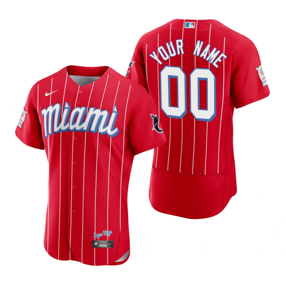 Men's Miami Marlins Custom Red 2021 City Connect Flex Base Jersey