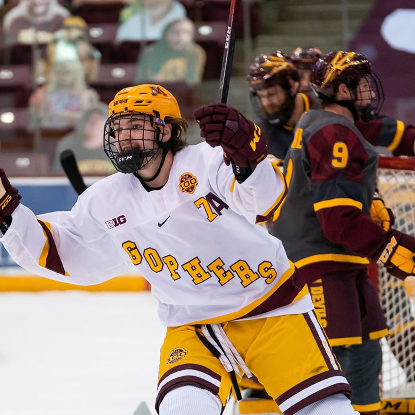 Men's Minnesota Golden Gophers #7 Brannon McManus Nike 100th Season White Gold Retro College Hockey Jersey