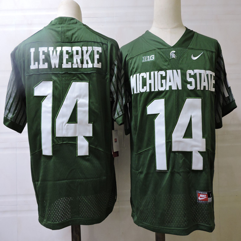 Men's Michigan State Spartans #14 Brian Lewerke Nike Green College Game Football Jersey