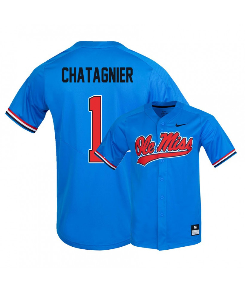 Men's Ole Miss Rebels #1 Peyton Chatagnier Nike Powder Blue Baseball Jersey