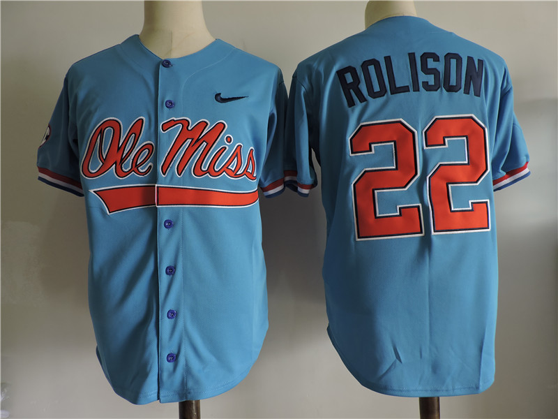 Men's Ole Miss Rebels #22 Ryan Rolison Nike Powder Blue Baseball Jersey