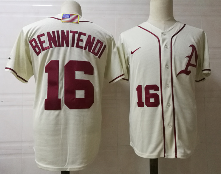 Men's Arkansas Razorbacks #16 Andrew Benintendi Nike Cream Stripes College Baseball Jersey