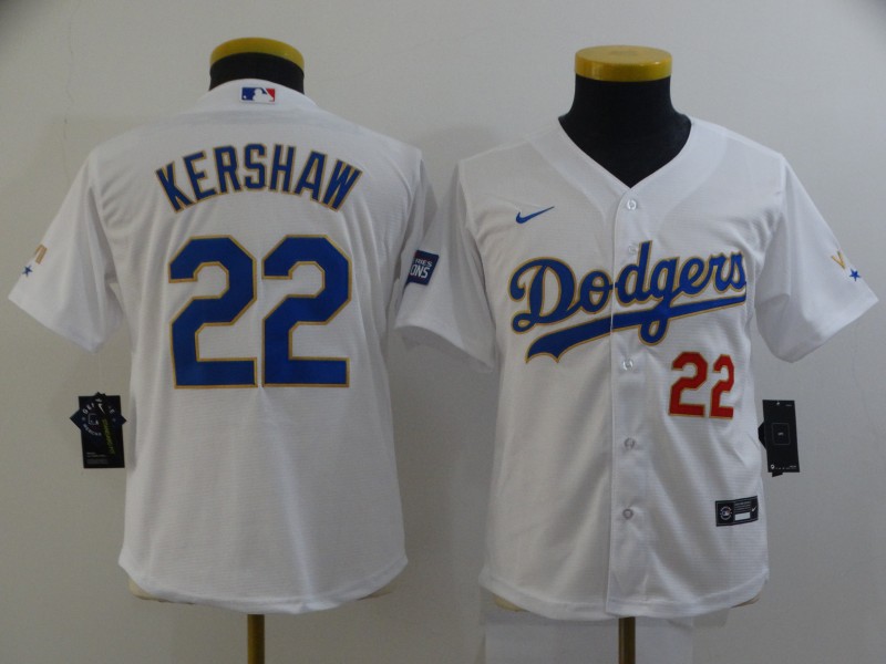 Youth Los Angeles Dodgers #22 Clayton Kershaw Nike 2021 White Gold Championship Program Jersey