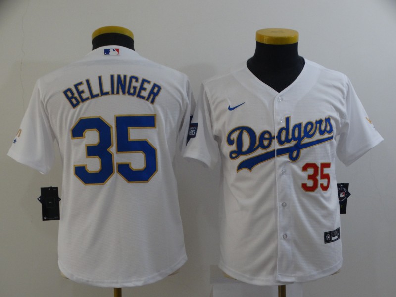 Youth Los Angeles Dodgers #35 Cody Bellinger Nike 2021 White Gold Championship Program Jersey