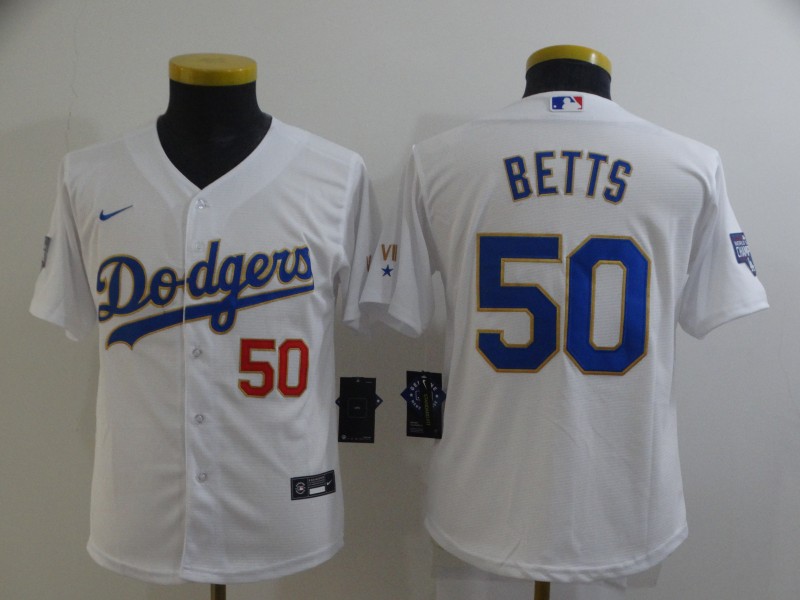 Youth Los Angeles Dodgers #50 Mookie Betts Nike 2021 White Gold Championship Program Jersey