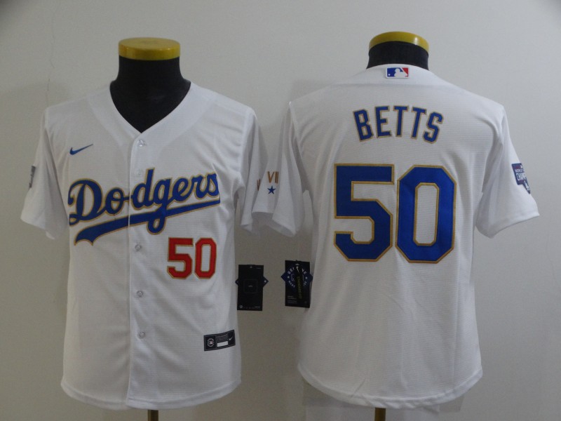 Women's Los Angeles Dodgers #50 Mookie Betts Nike 2021 White Gold Championship Program Jersey