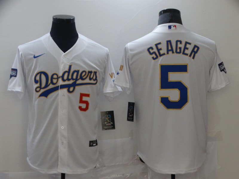 Youth Los Angeles Dodgers #5 Corey Seager Nike 2021 White Gold Championship Program Jersey
