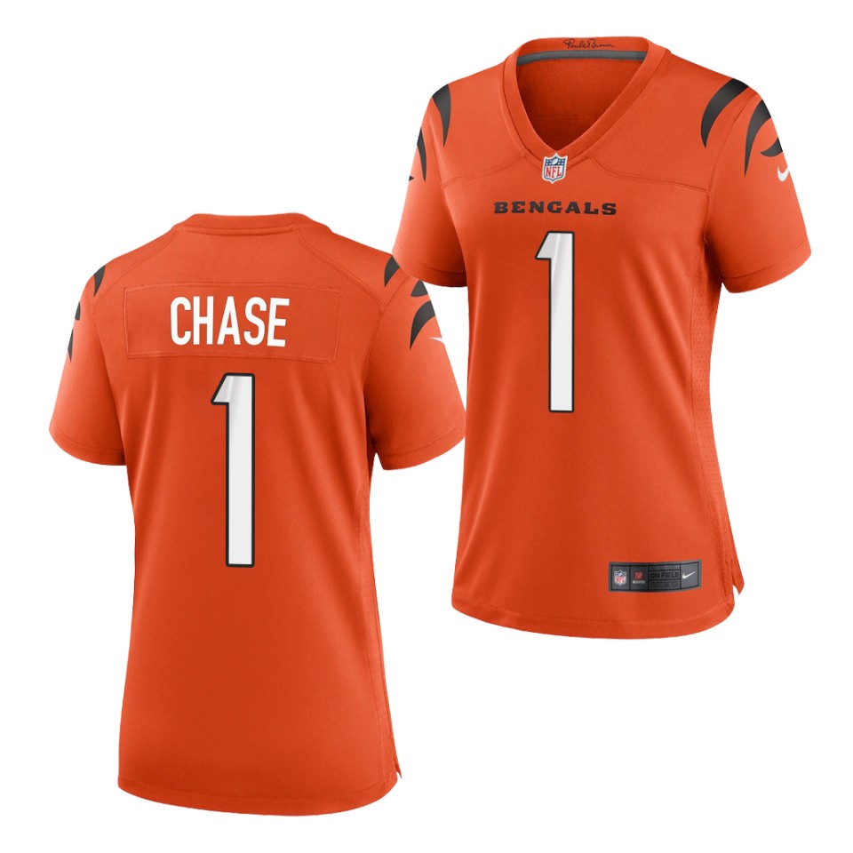 Women's Cincinnati Bengals #1 Ja'Marr Chase 2021 Nike Orange Alternate Vapor Lady Limited Jersey