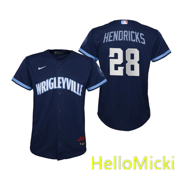 Youth Chicago Cubs #28 Kyle Hendricks Nike Navy 2021 City Connect Jersey