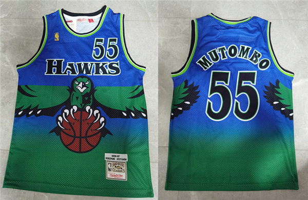 Mens Atlanta Hawks #55 Dikembe Mutombo Green Blue Hardwood Classics Throwback Jersey