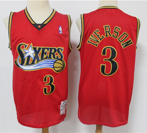 Men's Philadelphia 76ers #3 Allen Iverson Mitchell & Ness Red Hardwood Classics Reload Jersey