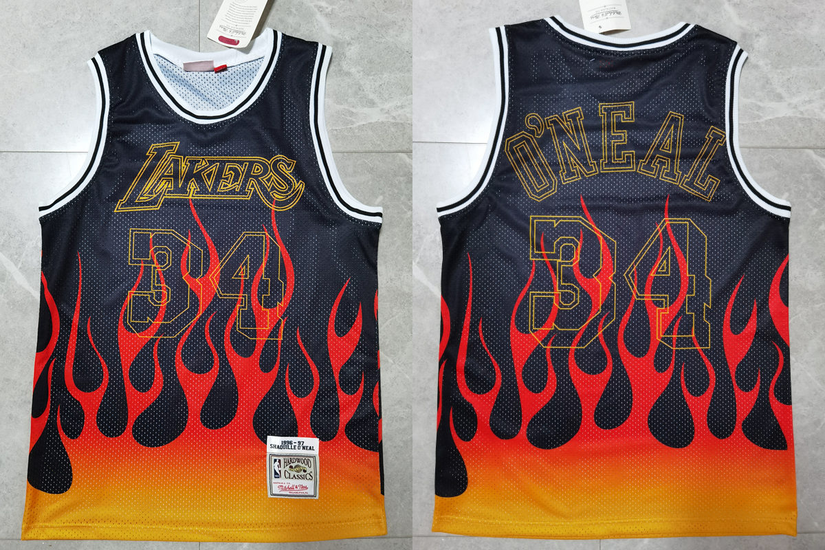 Mens Los Angeles Lakers #34 Shaquille O'Neal Mitchell & Ness 1998-99 NBA Hardwood Classics Black Flames Jersey