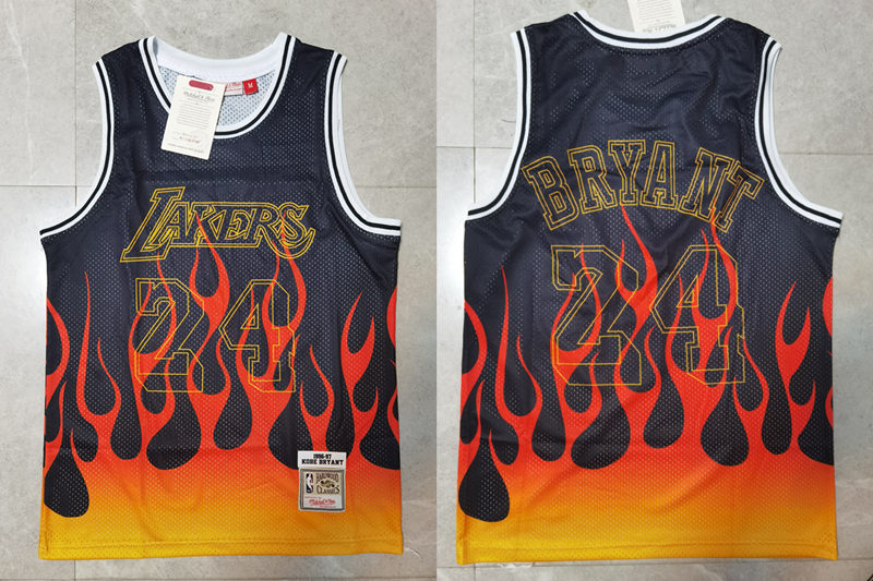 Mens Los Angeles Lakers #24 Kobe Bryant Stitched Mitchell & Ness 1998-99 NBA Hardwood Classics Black Flames Jersey