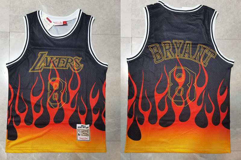 Men's Los Angeles Lakers #8 Kobe Bryant Mitchell & Ness 1998-99 NBA Hardwood Classics Black Flames Jersey