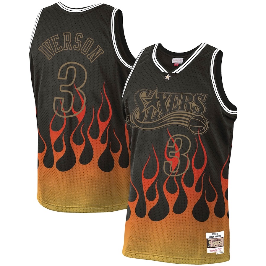 Men's Philadelphia 76ers #3 Allen Iverson  Mitchell & Ness 1998-99 NBA Hardwood Classics Black Flames Jersey