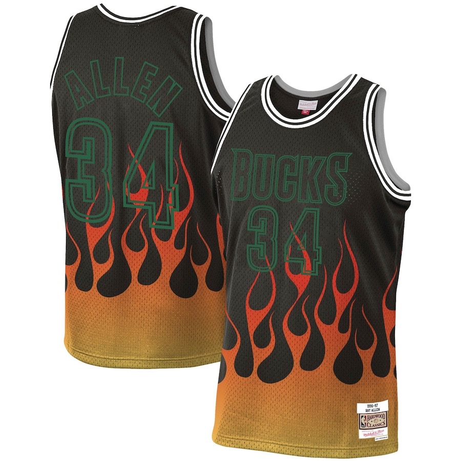 Men's Milwaukee Bucks #34 Ray Allen  Mitchell & Ness 1998-99 NBA Hardwood Classics Black Flames Jersey